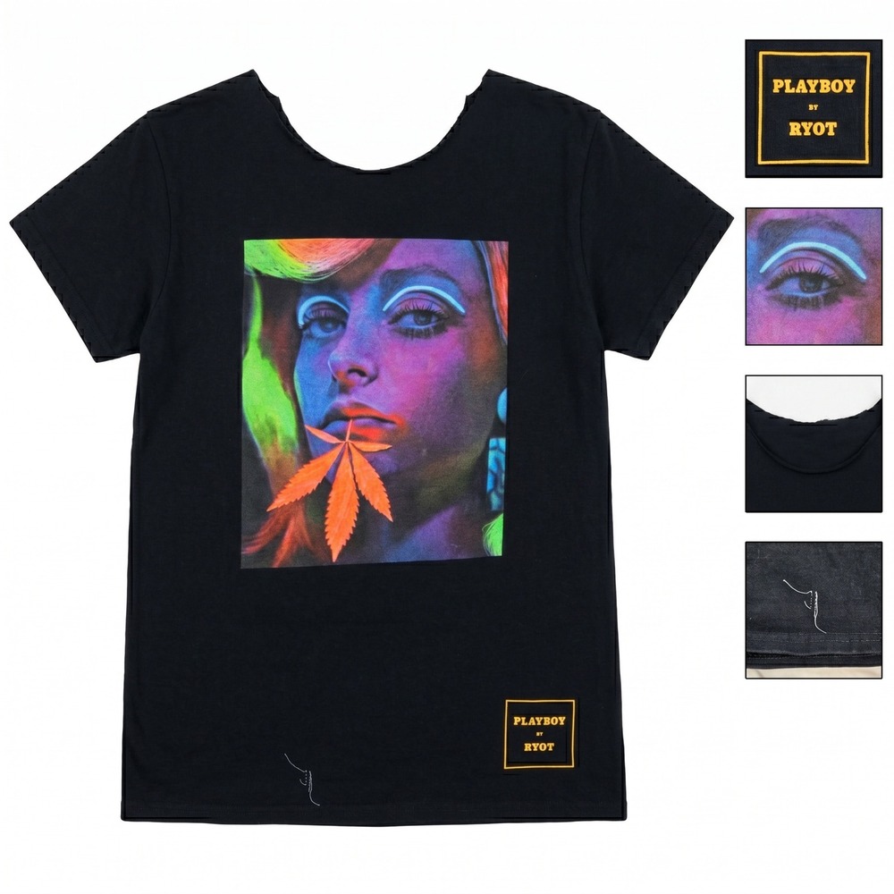 Playboy BY RYOT T-Shirt‎ Small XS Black Weed Leaf Graphic Modified Neck Trashed